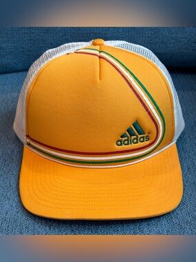 Vintage Adidas Rasta Trucker Hat Gold Foam Mesh Rope Cap • Made in Macau • RARE